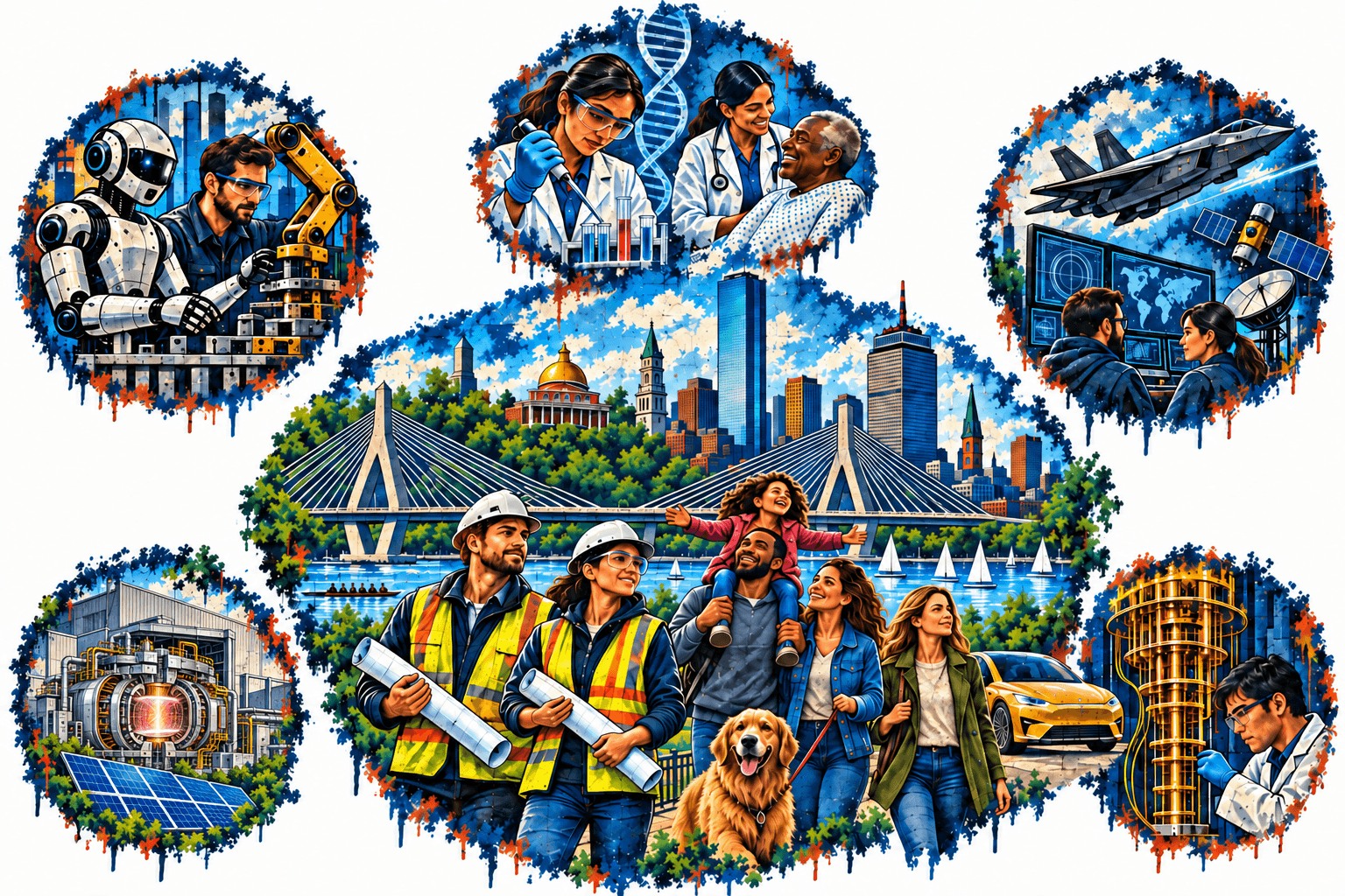 Boston street-art scene with builders and families in front of the skyline and Zakim Bridge, surrounded by five circular scenes of robotics, biotech and health, defense and cyber, fusion with solar panels, and quantum computing