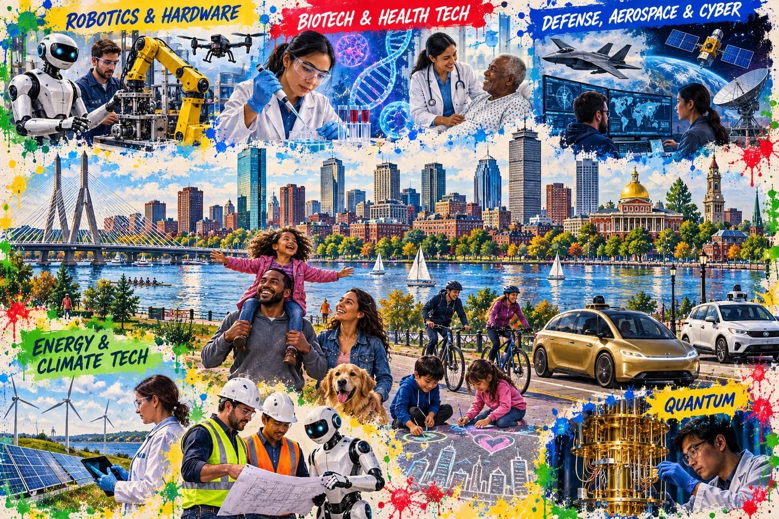 Boston graffiti collage with people in front of the skyline and Zakim Bridge, surrounded by robotics and hardware; biotech and health tech; defense, aerospace and cyber; energy and climate tech; and quantum
