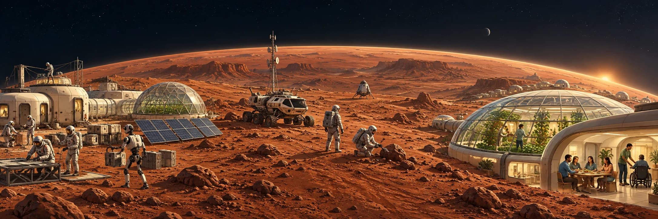 The curved horizon of Mars with builders assembling habitats on the left, explorers surveying the planet in the center, and caretakers growing food and tending a community on the right