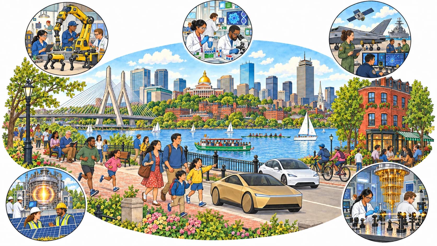 A busy storybook Boston with families and builders, surrounded by scenes of robotics, biotech, defense, fusion and solar, and quantum computing