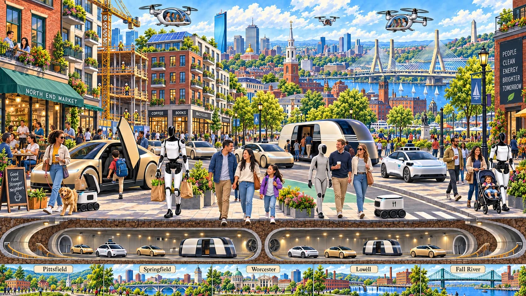 Future Boston at street level with people, humanoid robots, new housing, Cybercabs, Robovans, passenger drones, and vehicle tunnels connecting five Massachusetts cities