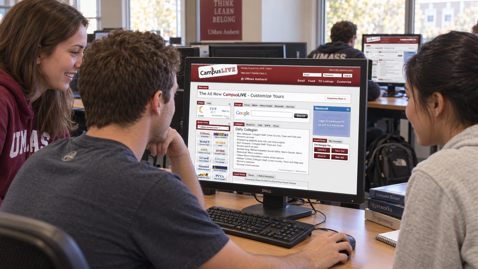 College students use the restored 2008 CampusLIVE UMass homepage on desktop computers