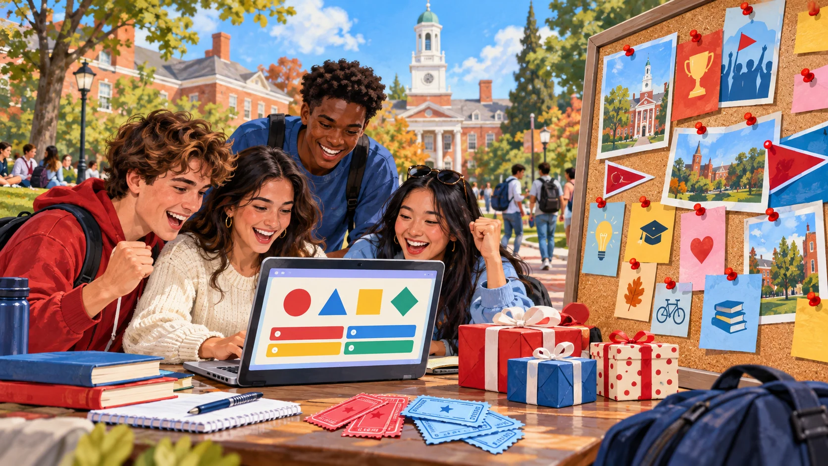 College students share games and challenges around a campus bulletin board