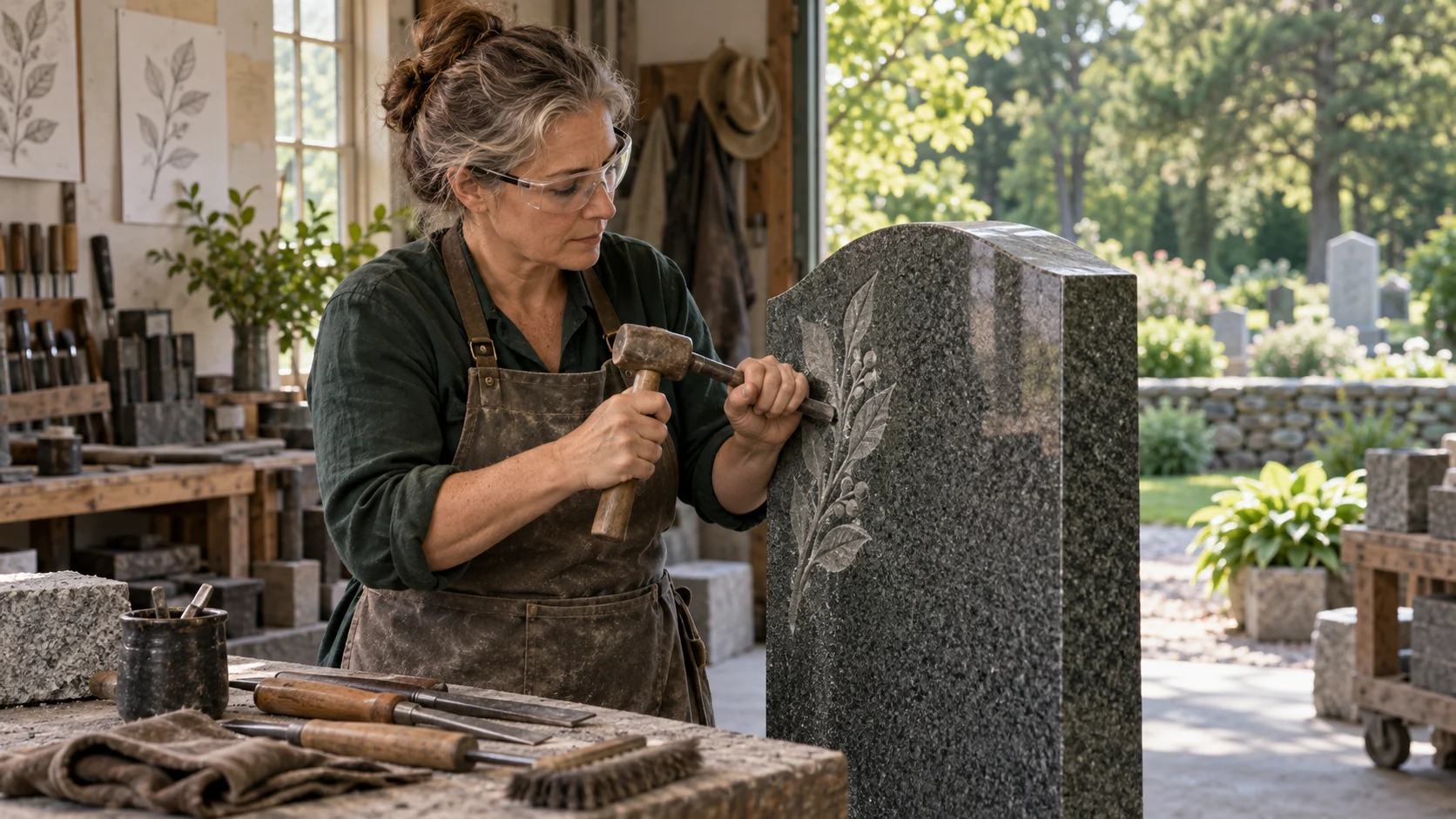 A memorial craftsperson works on a granite headstone in a peaceful New England setting