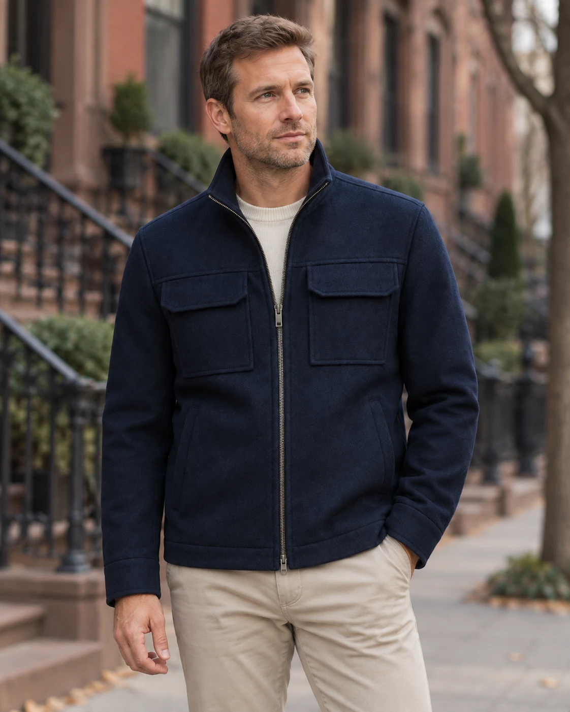 A model wearing Hudson & Common’s navy Regent Bomber