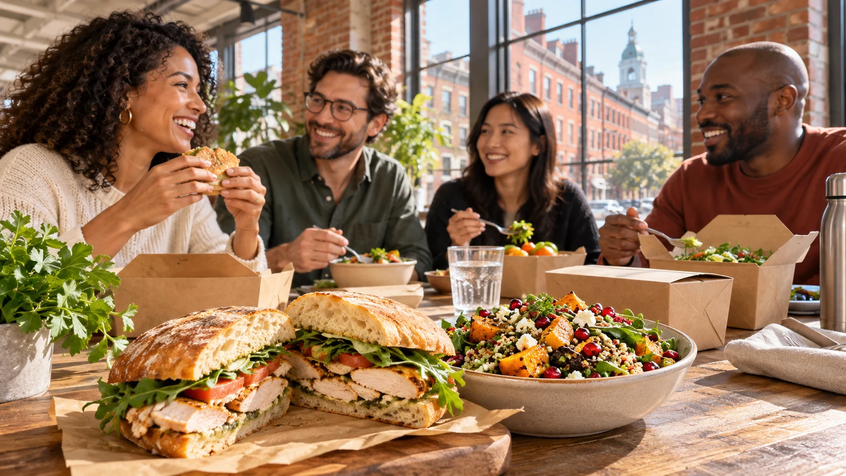 Boston coworkers share a freshly prepared meal during the workday